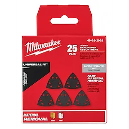 Milwaukee OPEN-LOK 3-1/2" Triangle Sandpaper Variety Pack 25PC in red packaging, includes five triangle-shaped sandpapers for material removal.