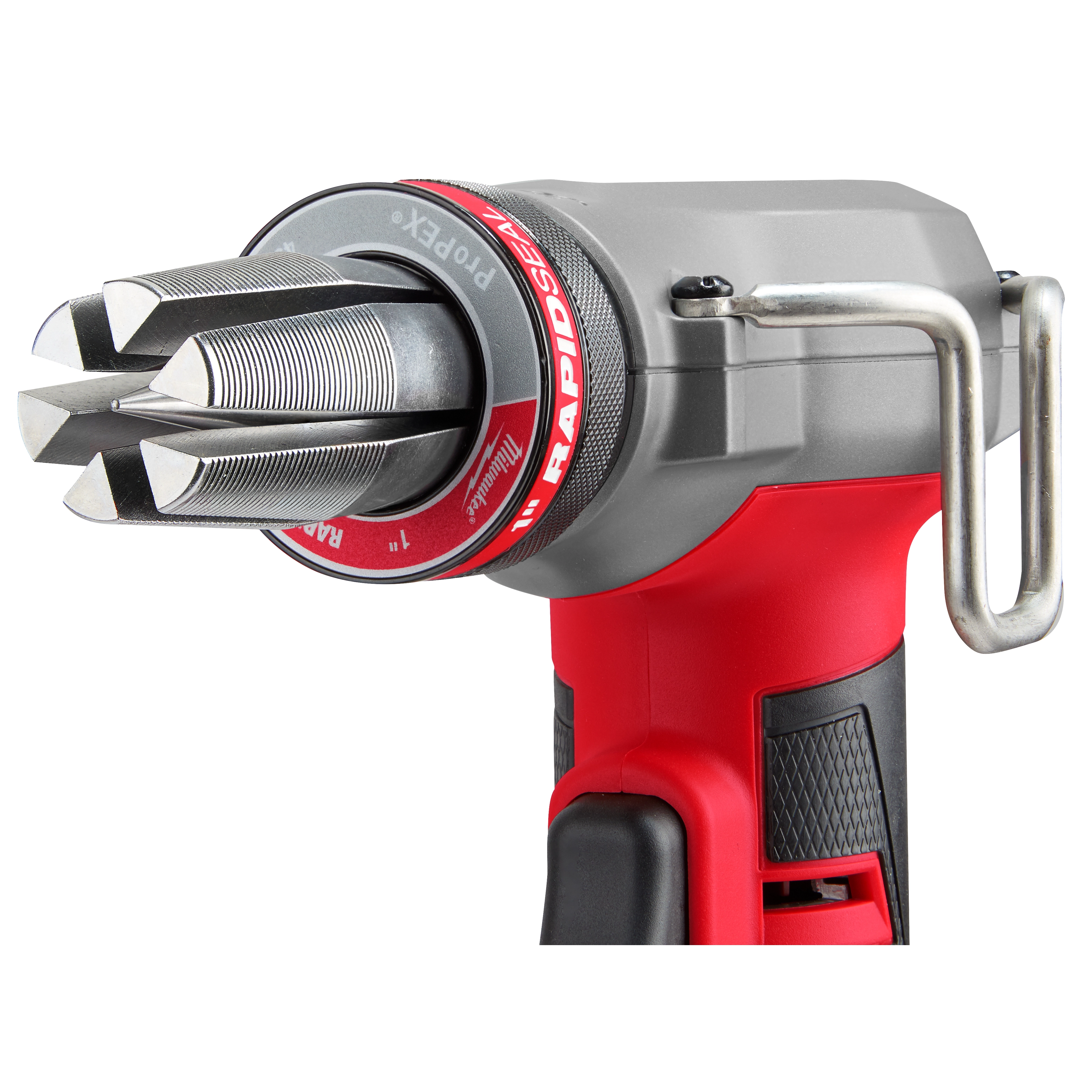 The M12 FUEL ProPEX Expander tool has a gray and red body with a black grip, featuring adjustable metal expansion heads.