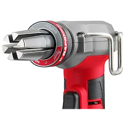 The M12 FUEL ProPEX Expander tool has a gray and red body with a black grip, featuring adjustable metal expansion heads.