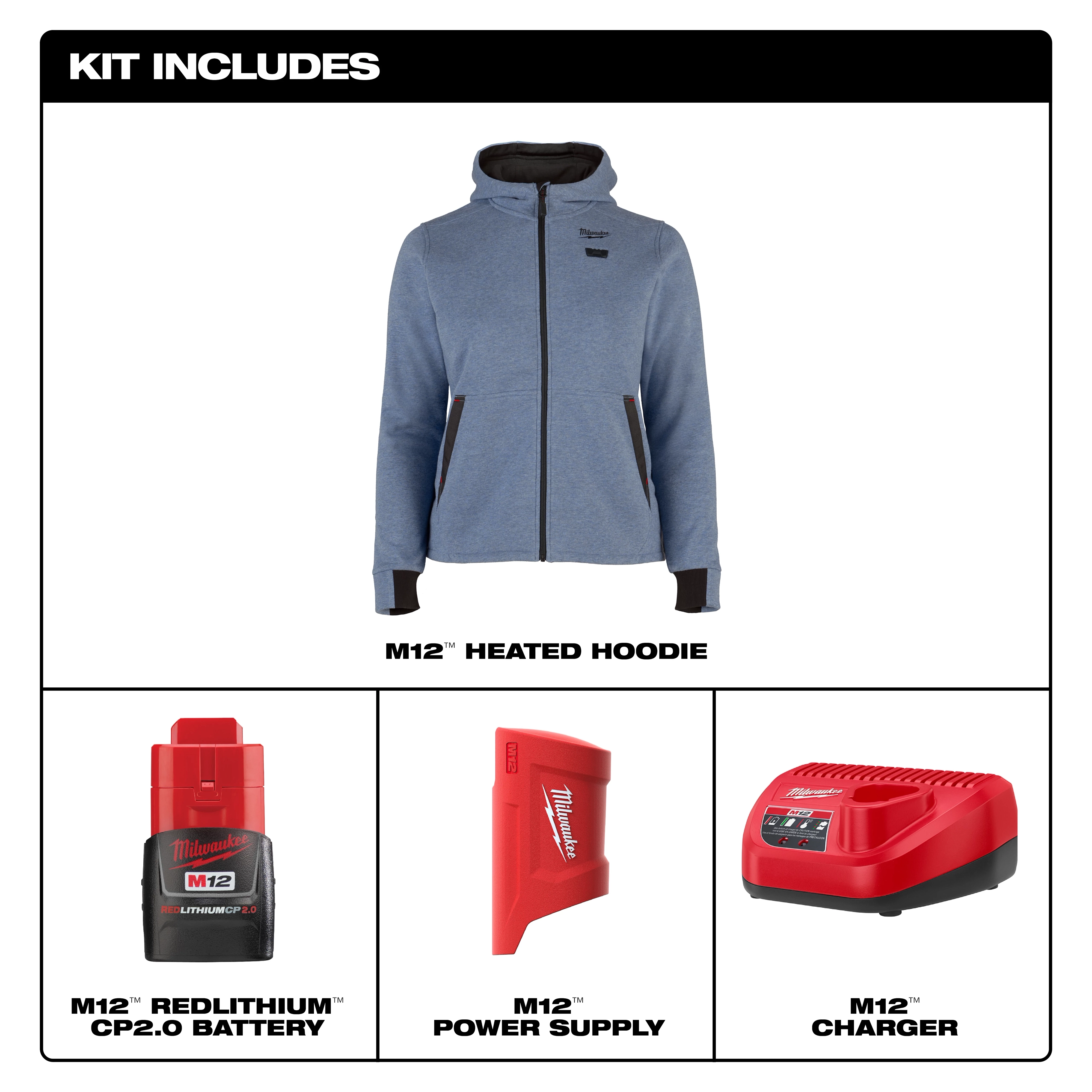 The M12™ Heated Hoodie kit includes a blue heated hoodie, an M12™ REDLITHIUM™ CP2.0 Battery, an M12™ Power Supply, and an M12™ Charger. The hoodie has front pockets and a zipper closure, while the charger and power supply are red.
