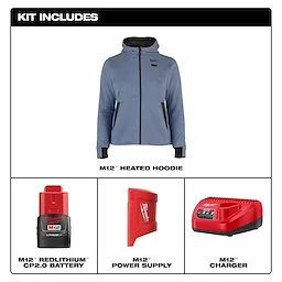The M12™ Heated Hoodie kit includes a blue heated hoodie, an M12™ REDLITHIUM™ CP2.0 Battery, an M12™ Power Supply, and an M12™ Charger. The hoodie has front pockets and a zipper closure, while the charger and power supply are red.