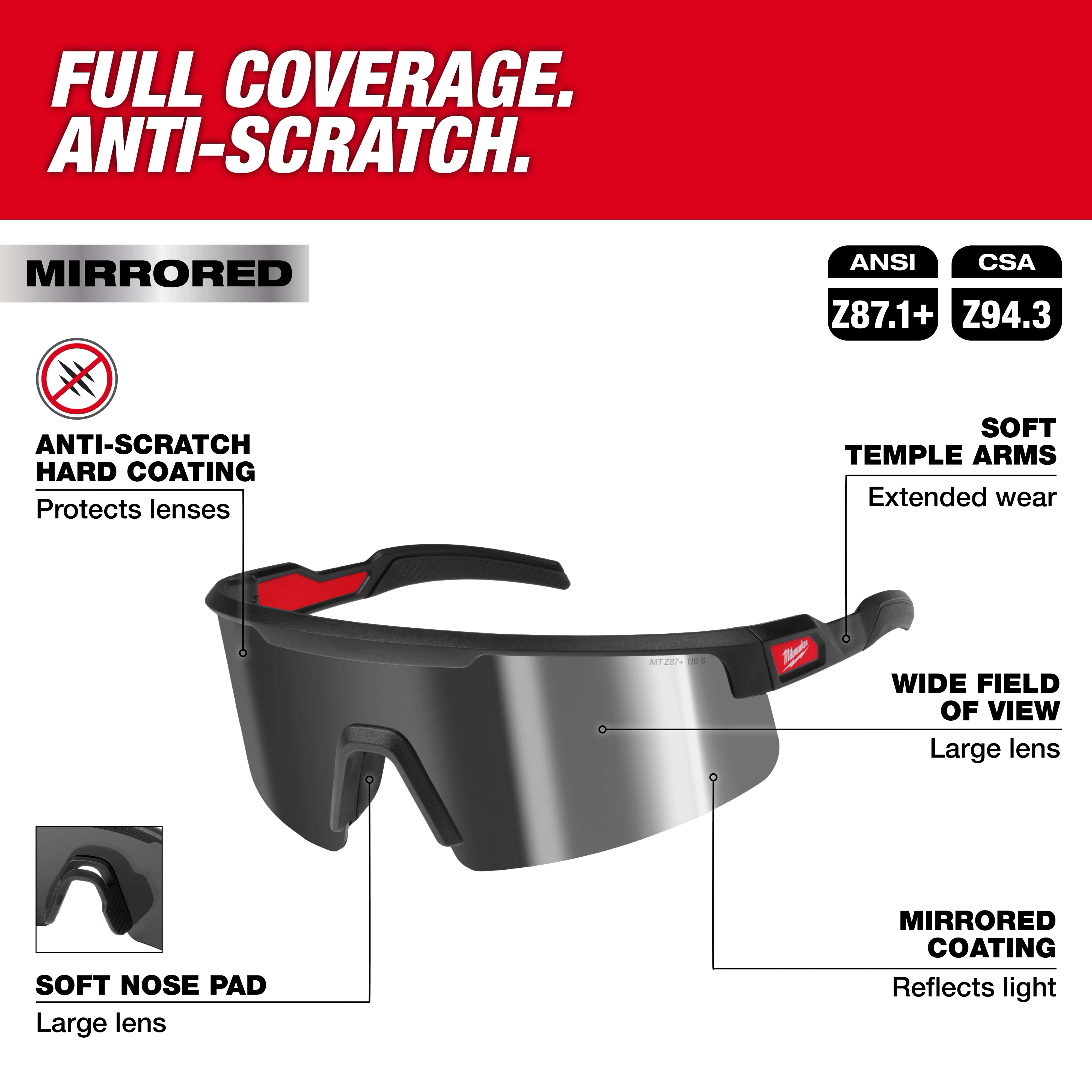 Wrap Around Safety Glasses with Mirrored Anti-Scratch Lenses feature soft nose pad, soft temple arms for extended wear, and a wide field of view.