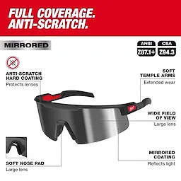 Wrap Around Safety Glasses with Mirrored Anti-Scratch Lenses feature soft nose pad, soft temple arms for extended wear, and a wide field of view.