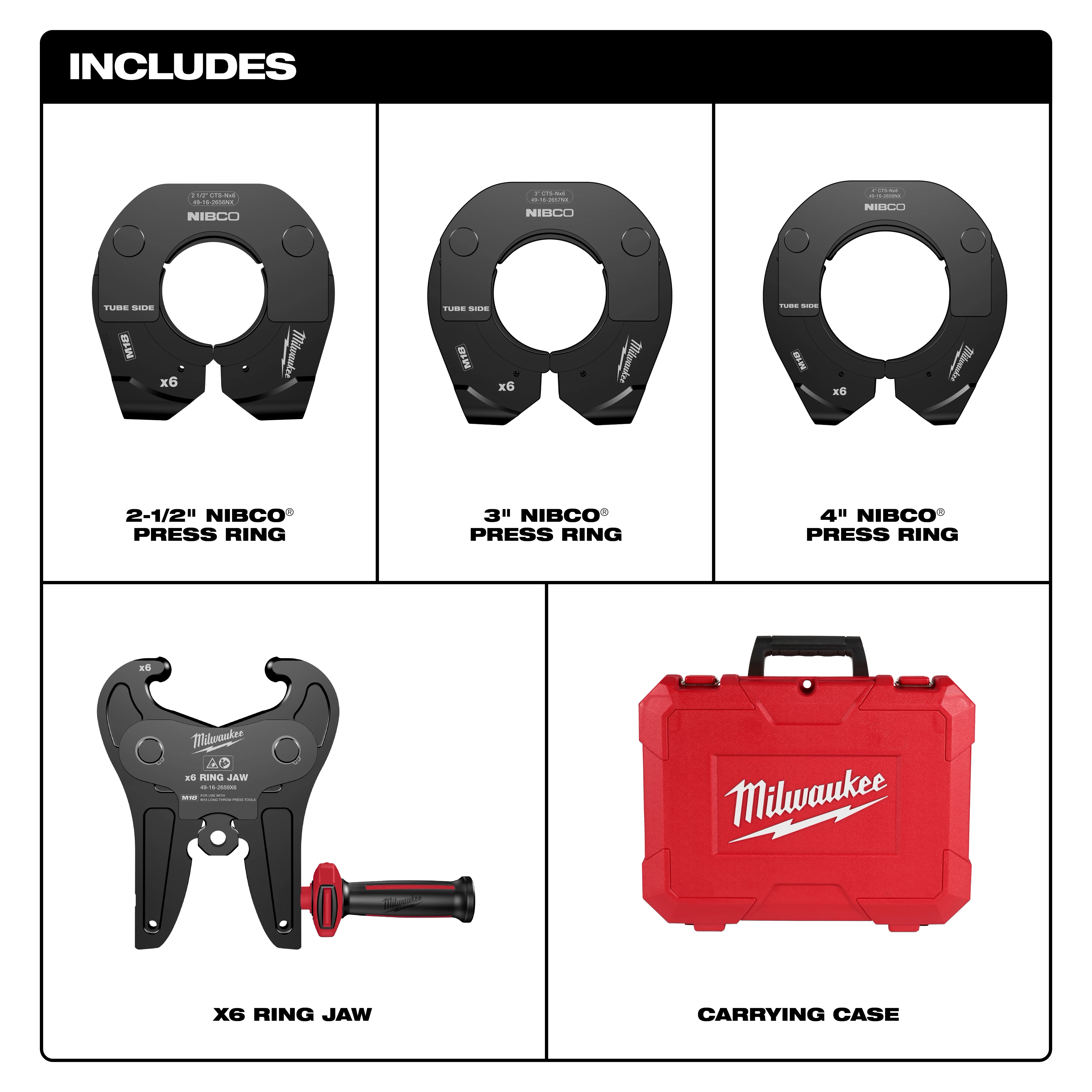 The image displays the contents of the 2-1/2" - 4" NIBCO Press Ring Kit for M18 FORCE LOGIC Long Throw Press Tool, including three press rings, a ring jaw, and a carrying case.