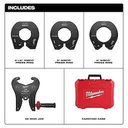 The image displays the contents of the 2-1/2" - 4" NIBCO Press Ring Kit for M18 FORCE LOGIC Long Throw Press Tool, including three press rings, a ring jaw, and a carrying case.