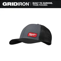 GRIDIRON Snapback Trucker Hat - Gray features a gray front panel, black mesh back, and a red Milwaukee logo patch on the front.