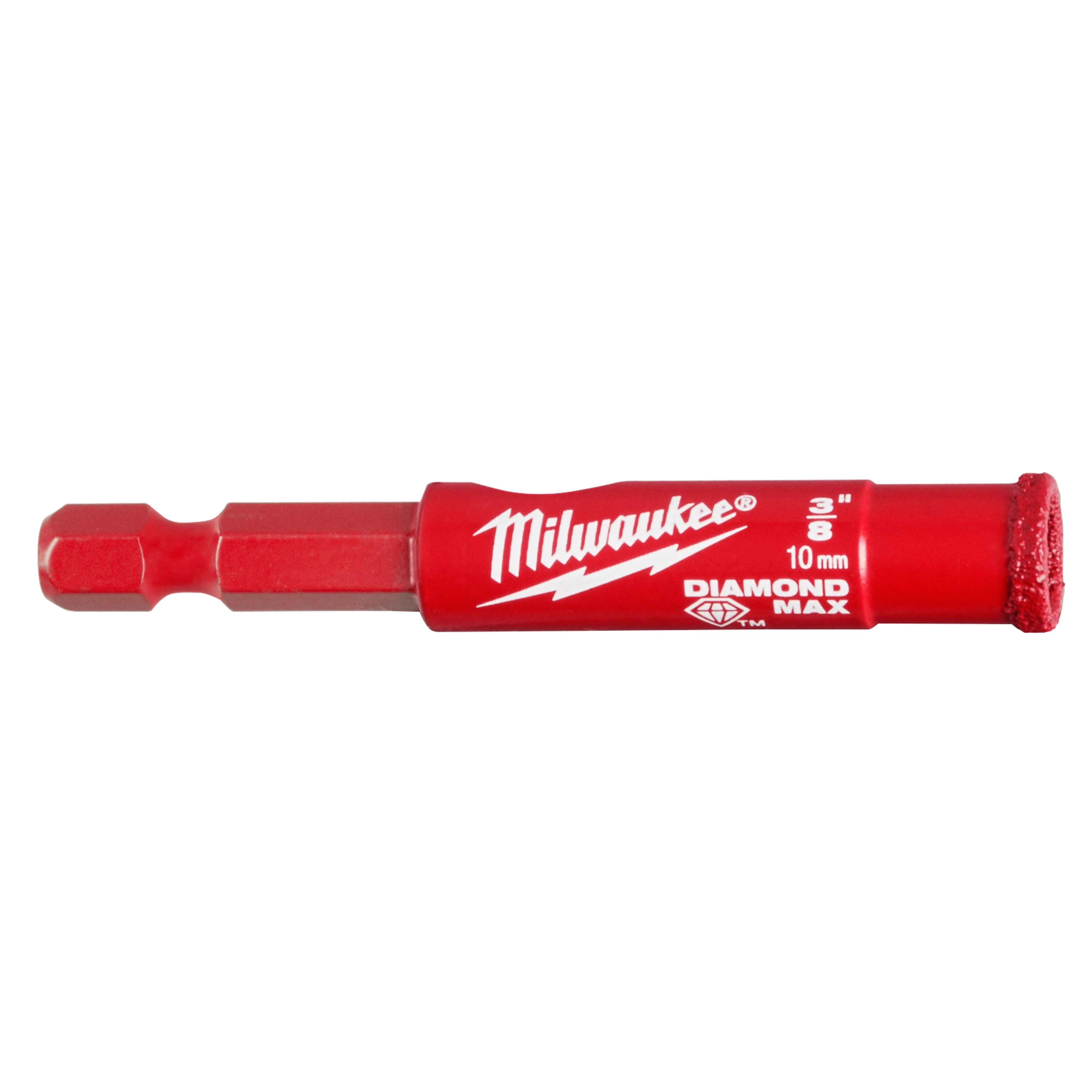 3/8" Diamond Grit Hole Saw from Milwaukee, featuring a red body with a hex shank and diamond-coated cutting edge.