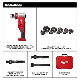 The M18™ FORCE LOGIC™ 6T Knockout Tool 1/2" - 2" w/ Punches & Dies set includes the tool, conduit punches and dies, draw stud set, a 3/4" and 7/16" draw stud, and a red carrying case.