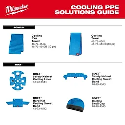 Milwaukee Cooling PPE product image displaying Cooling Towels, BOLT Safety Helmet Cooling Liner, BOLT Safety Helmet Cooling Sweat Band, BOLT Hard Hat Cooling Sweat Band, and BOLT Cooling Skull Cap. Various product codes are listed under each item.