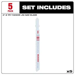 4" 8TPI T-Shank Metal Cutting Bi-Metal Jig Saw Blades 5PK set includes five bi-metal jig saw blades designed for cutting metal.