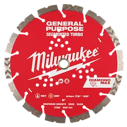 Image of a 9" DIAMOND MAX™ Segmented Turbo, General Purpose Diamond Blade. The blade is red with the word "Milwaukee" prominently in white. It has segmented edges and is suitable for wet and dry cutting of reinforced concrete, brick, block, stone, and roof tile.