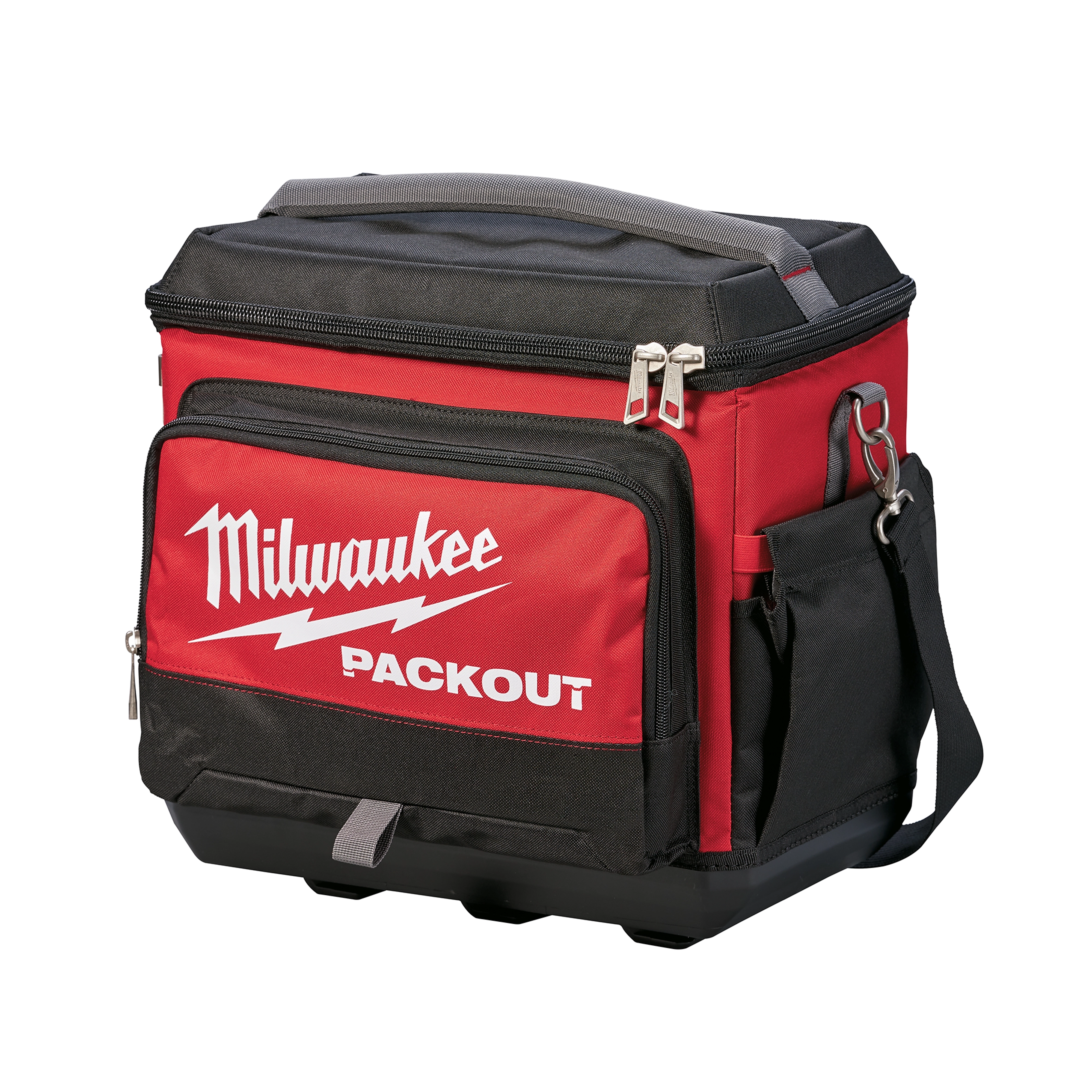 Milwaukee PACKOUT Soft-Sided Cooler with red and black design, carrying handle, front pocket with logo, and side compartments.