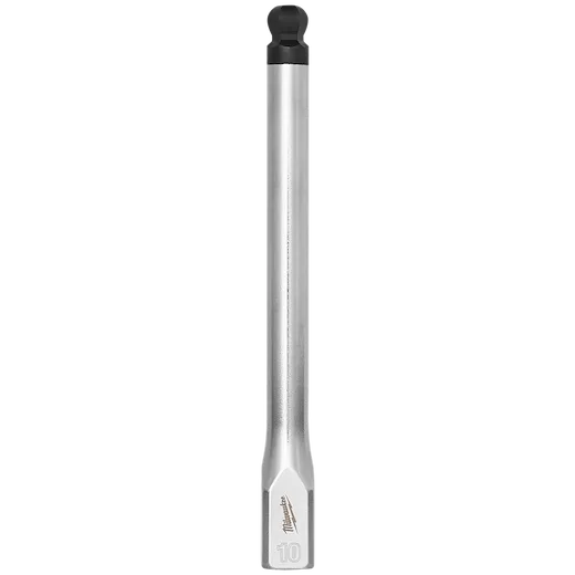 The image displays a 3/8" Drive 10mm Long Ball End Hex Bit Socket. The tool features a hexagonal bit at one end and a ball end at the other, designed for accessing hard-to-reach fasteners.