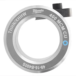 A 400 MCM Cu THHN/XHHW S bushing, made of durable metal, with text and company logo engraved on its surface. The bushing is circular with a small blue marking and a black attachment.