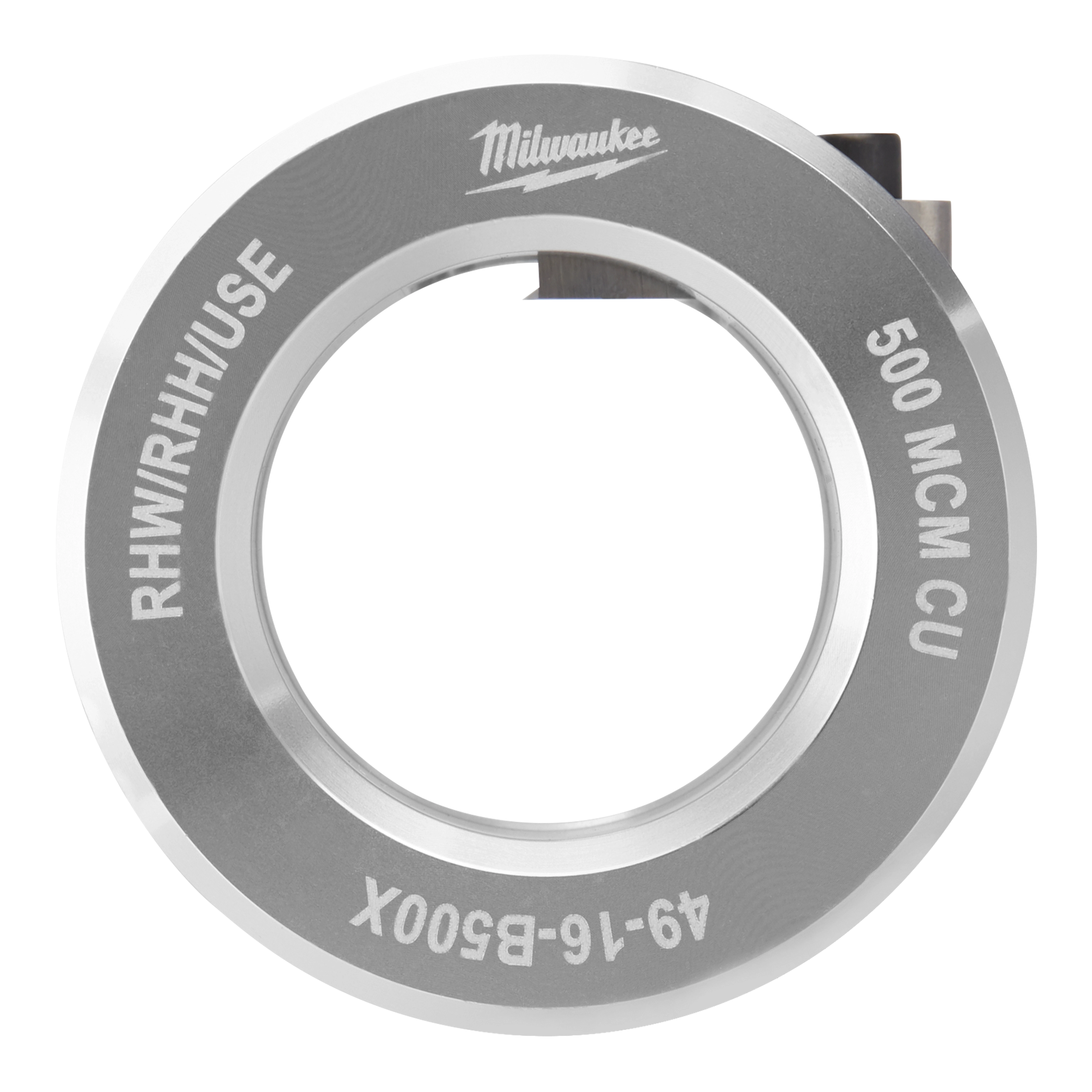 Milwaukee RHWRHHUISE 500 MCM CU knockout punch, silver circular tool with "Milwaukee" brand logo and "49-16-B500X" marking.