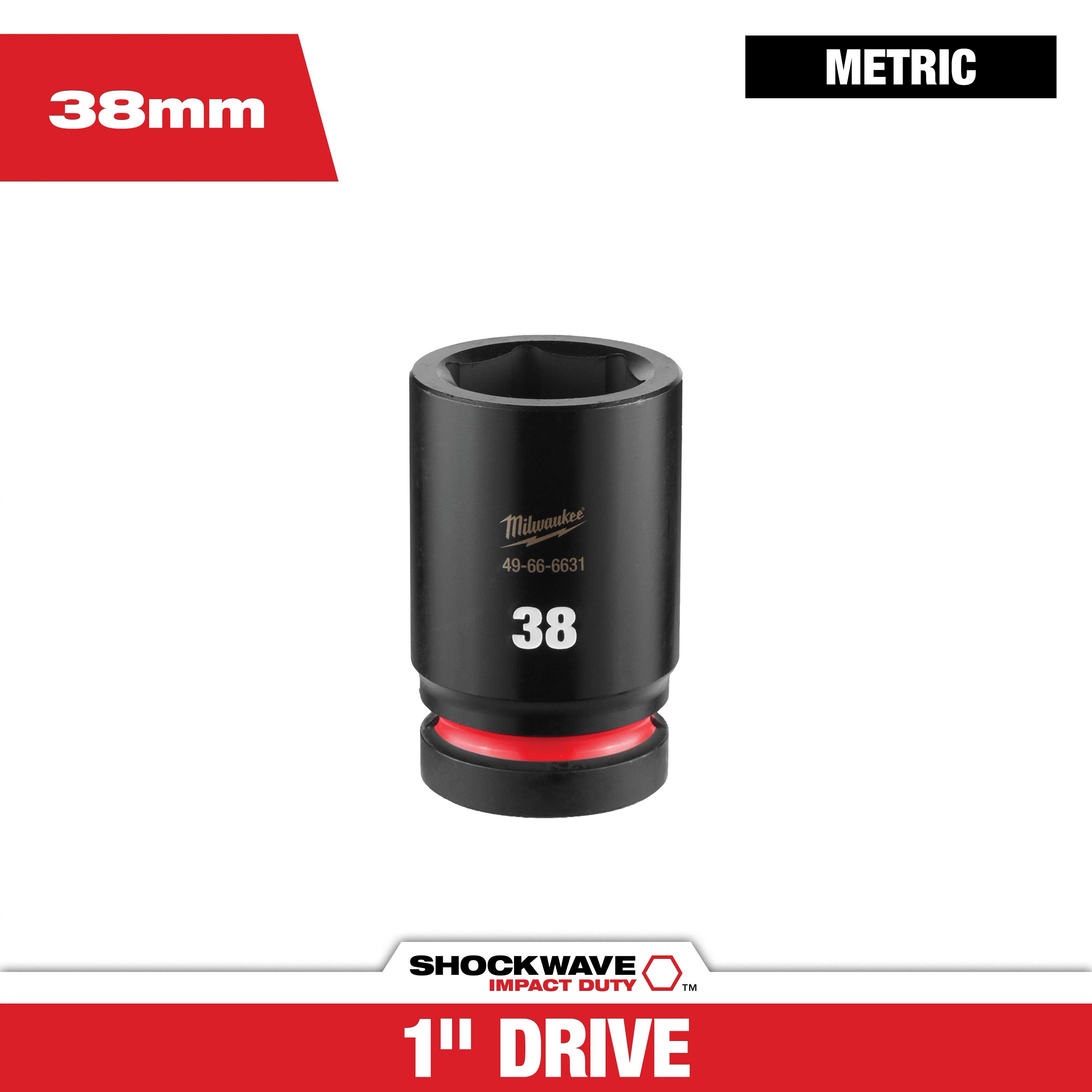 SHOCKWAVE Impact Duty 1" Drive 38MM Deep 6 Point Socket standing upright with size and drive labels around it.