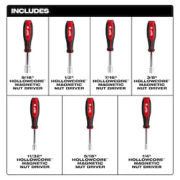 7pc SAE HollowCore Magnetic Nut Driver Set includes 9/16", 1/2", 7/16", 3/8", 11/32", 5/16", and 1/4" drivers with black and red handles.