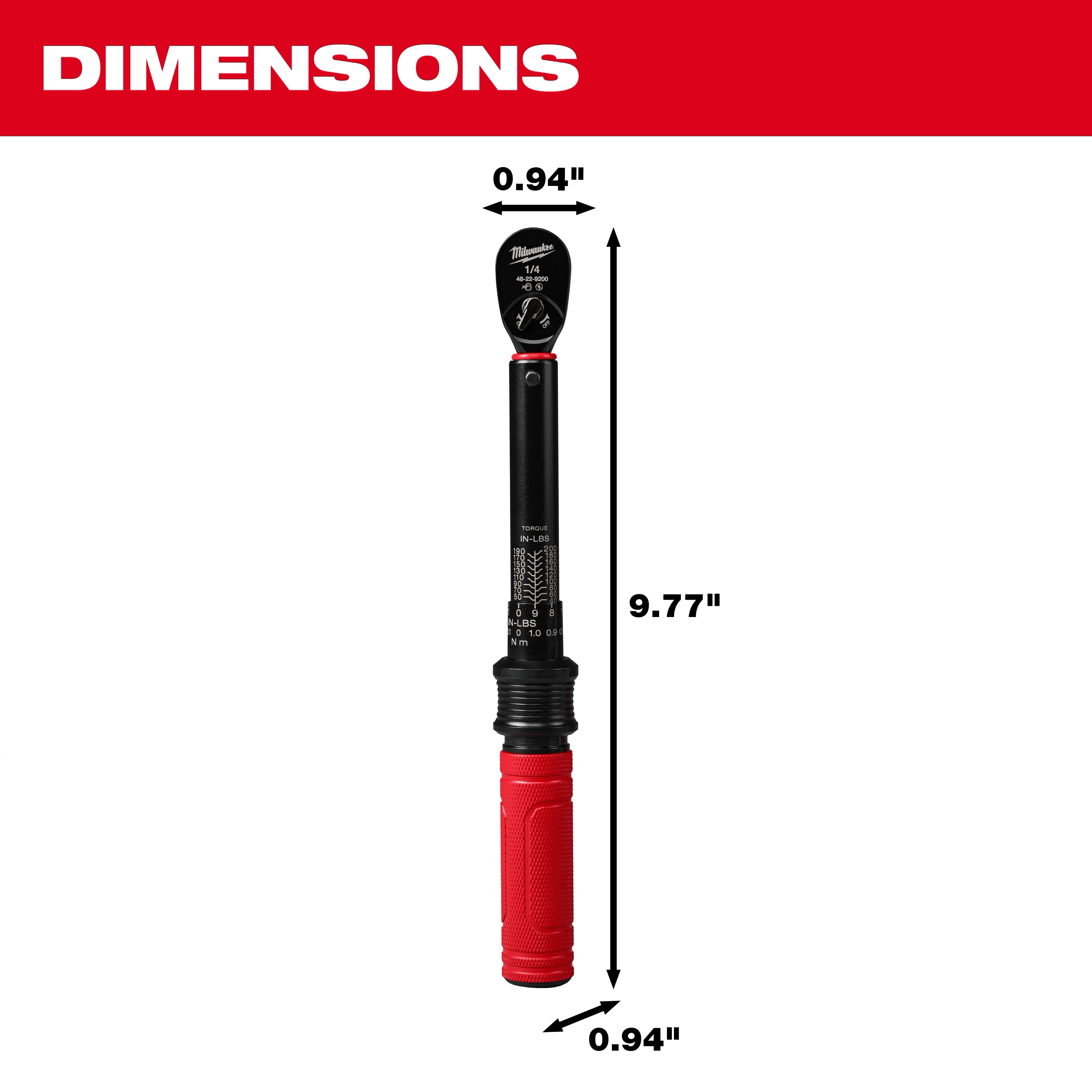 1/4” Drive Click Torque Wrench (40-200 in·lbf) with dimensions 9.77" length and 0.94" width, featuring a red handle and black head.