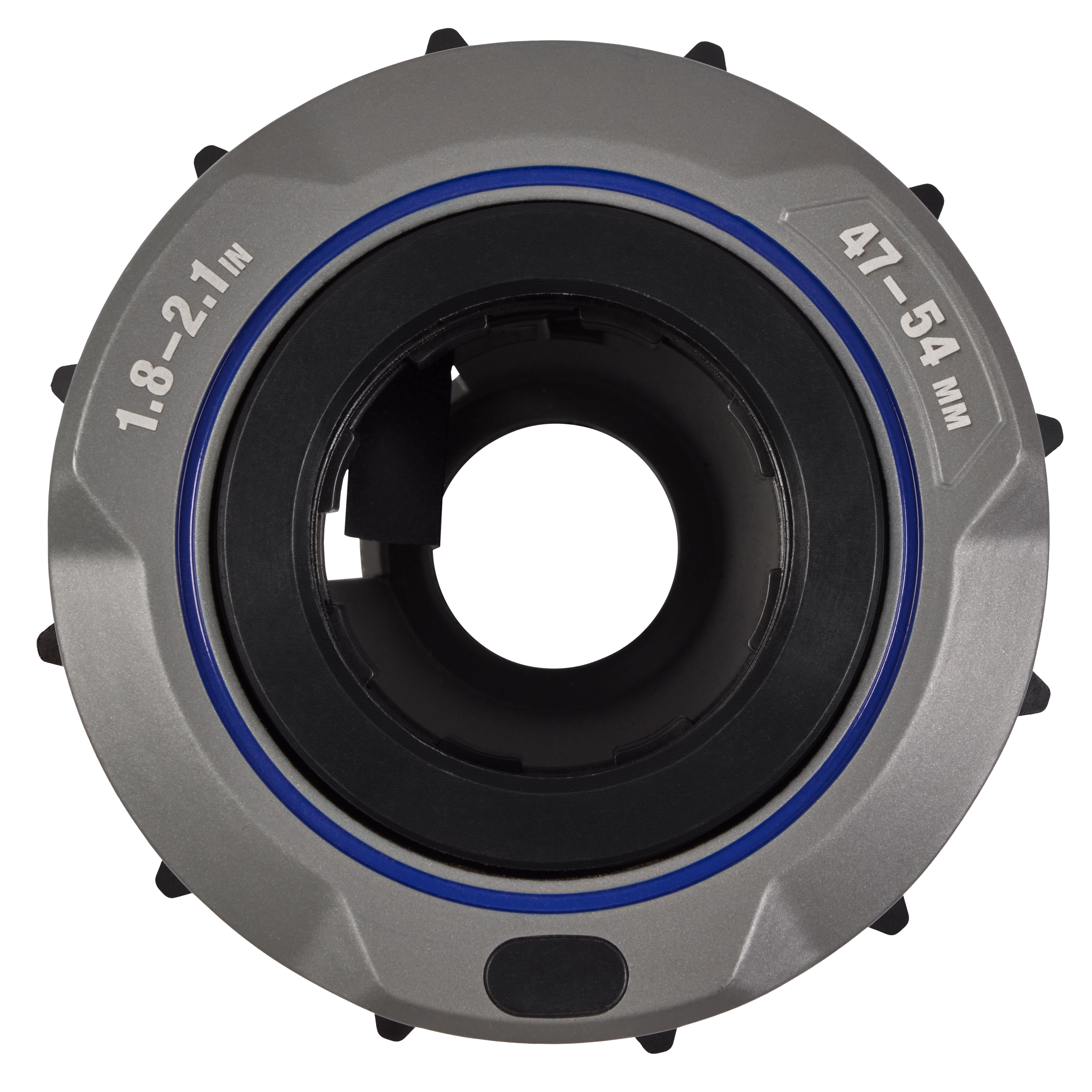 The image shows an 1.8" - 2.1" Adjustable Bushing for M18 FUEL™ Covered Conductor Cable Stripper. It has a gray circular casing with a central black opening, blue accents, and size markings in inches and millimeters.