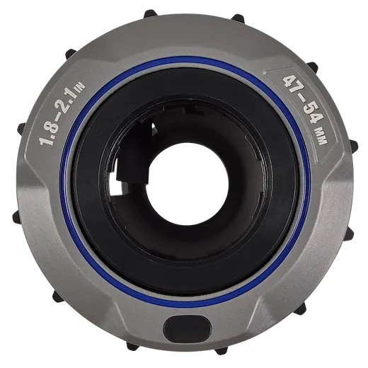 The image shows an 1.8" - 2.1" Adjustable Bushing for M18 FUEL™ Covered Conductor Cable Stripper. It has a gray circular casing with a central black opening, blue accents, and size markings in inches and millimeters.