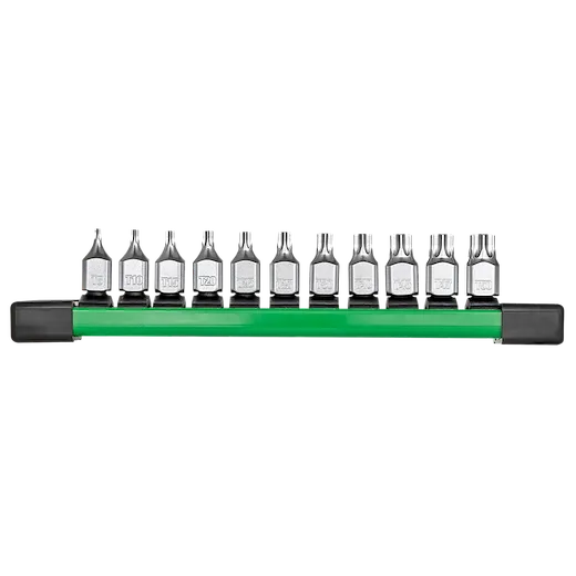 The 11pc 1/4" Drive Low-Profile TORX® Bit Socket Set includes 11 silver TORX bit sockets organized on a green rail holder. The bits are labeled from T6 to T50 and have a low-profile design for use in tight spaces.