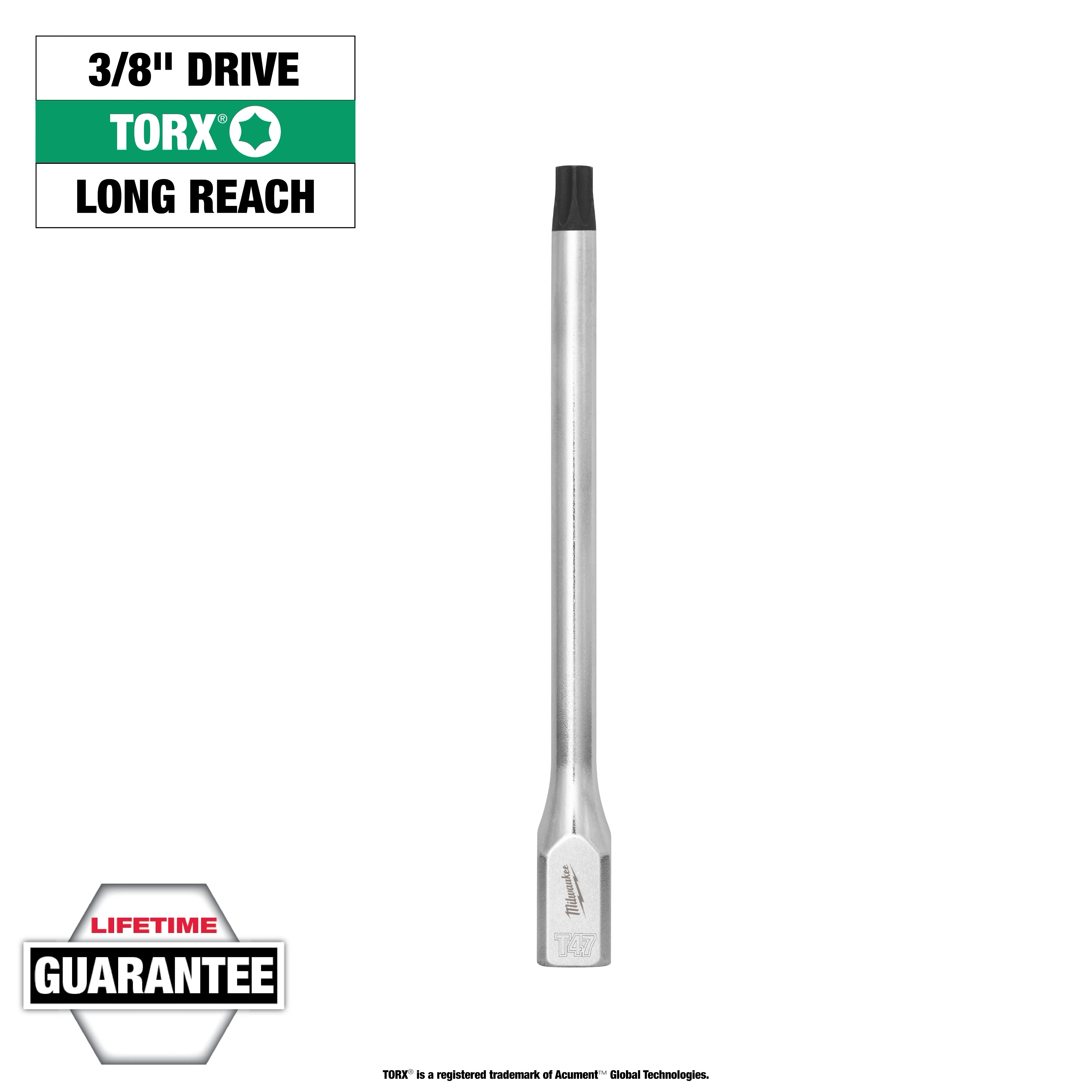 1/4" Drive T47 Long TORX Bit Socket, long reach, shown with a lifetime guarantee emblem and 3/8" drive labeling.