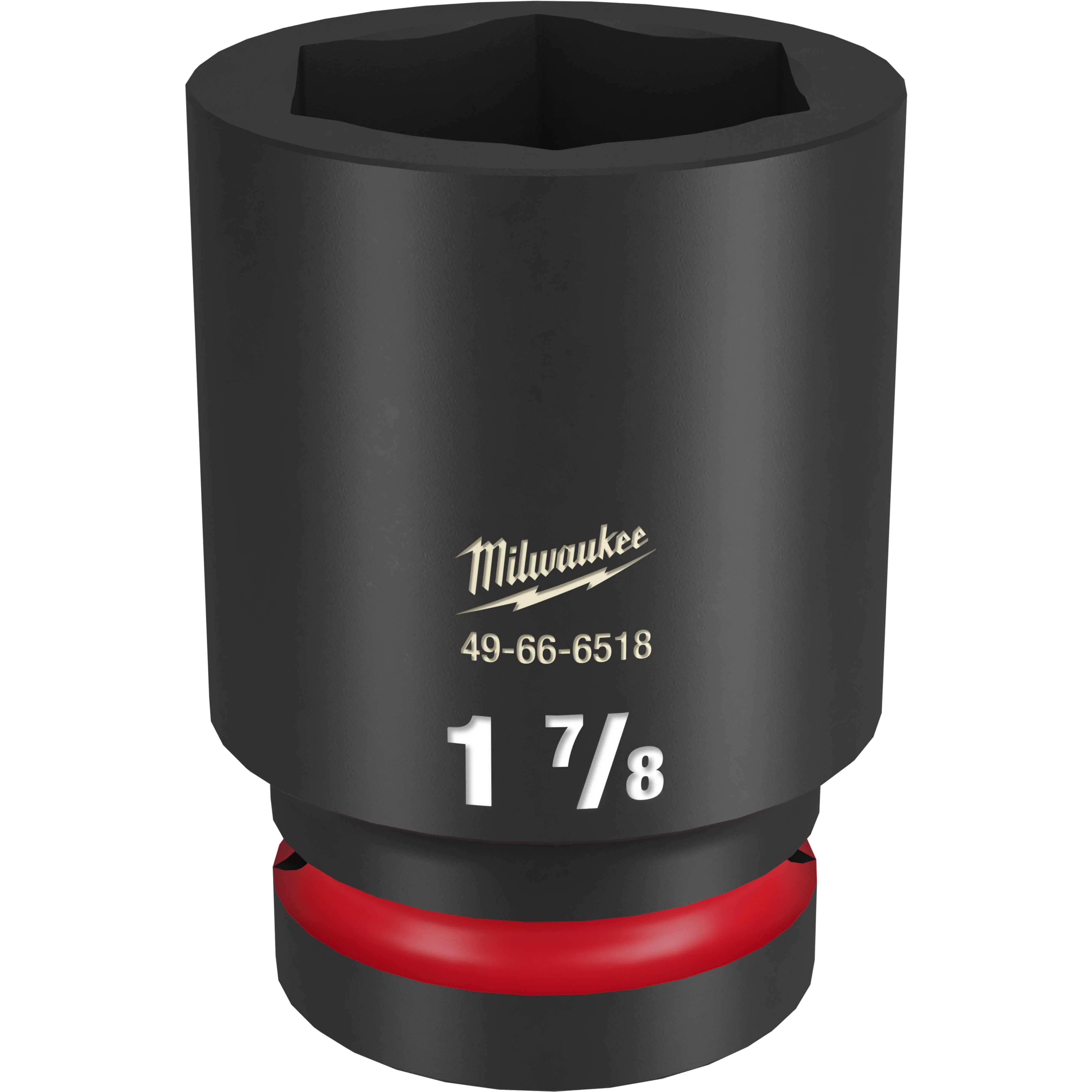 1" DR 1-7/8 Deep Impact Socket in black with a red ring at the base. The product number is 49-66-6518, and it is used for heavy-duty fastening applications. The Milwaukee logo is displayed in gold lettering.