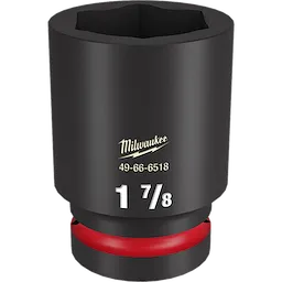 1" DR 1-7/8 Deep Impact Socket in black with a red ring at the base. The product number is 49-66-6518, and it is used for heavy-duty fastening applications. The Milwaukee logo is displayed in gold lettering.