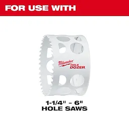 Milwaukee Hole Dozer shown for use with 1-1/4" to 6" hole saws. The saw has a white body with "Milwaukee Hole Dozer" text.