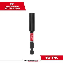 The image shows a SHOCKWAVE™ 3" Impact Duty Magnetic Bit Holder. It is black with a red section featuring the Milwaukee logo. Text reads "3" Magnetic Bit Holder" and "10 PK" on a red background.