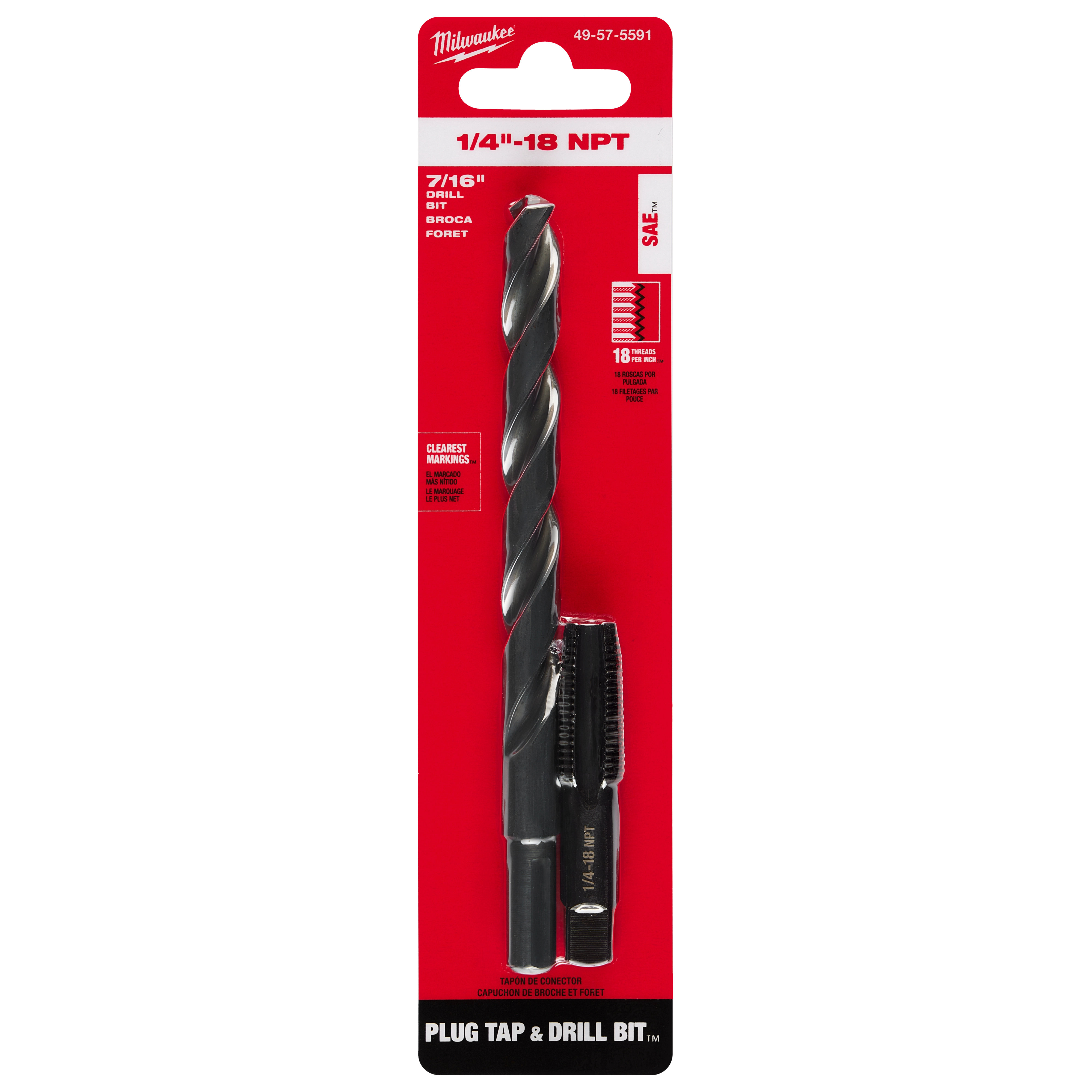 1/4"-18 NPT Straight Flute Plug Tap and 7/16" Drill Bit, featuring a black drill bit and tap set displayed on red packaging.