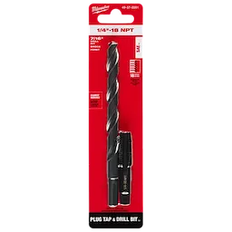 1/4"-18 NPT Straight Flute Plug Tap and 7/16" Drill Bit, featuring a black drill bit and tap set displayed on red packaging.