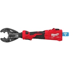 The M18™ FORCE LOGIC™ 6T Linear Utility Crimper with BG-D3 Jaw is a red and black, battery-powered crimping tool designed for utility applications. It has a USB port on the side and a sturdy ergonomic grip.