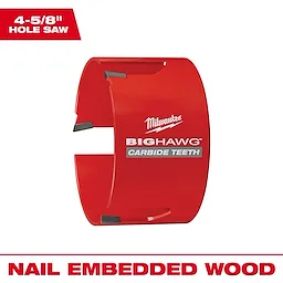 Red 4-5/8" BIG HAWG hole saw with carbide teeth for nail embedded wood. The saw is cylindrical with an open side and cutting edges.