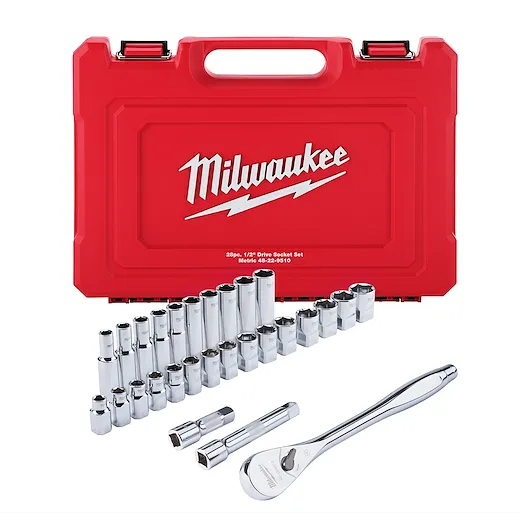 28 pc 1/2" Drive Metric Ratchet and Socket Set with FOUR FLAT™ Sides