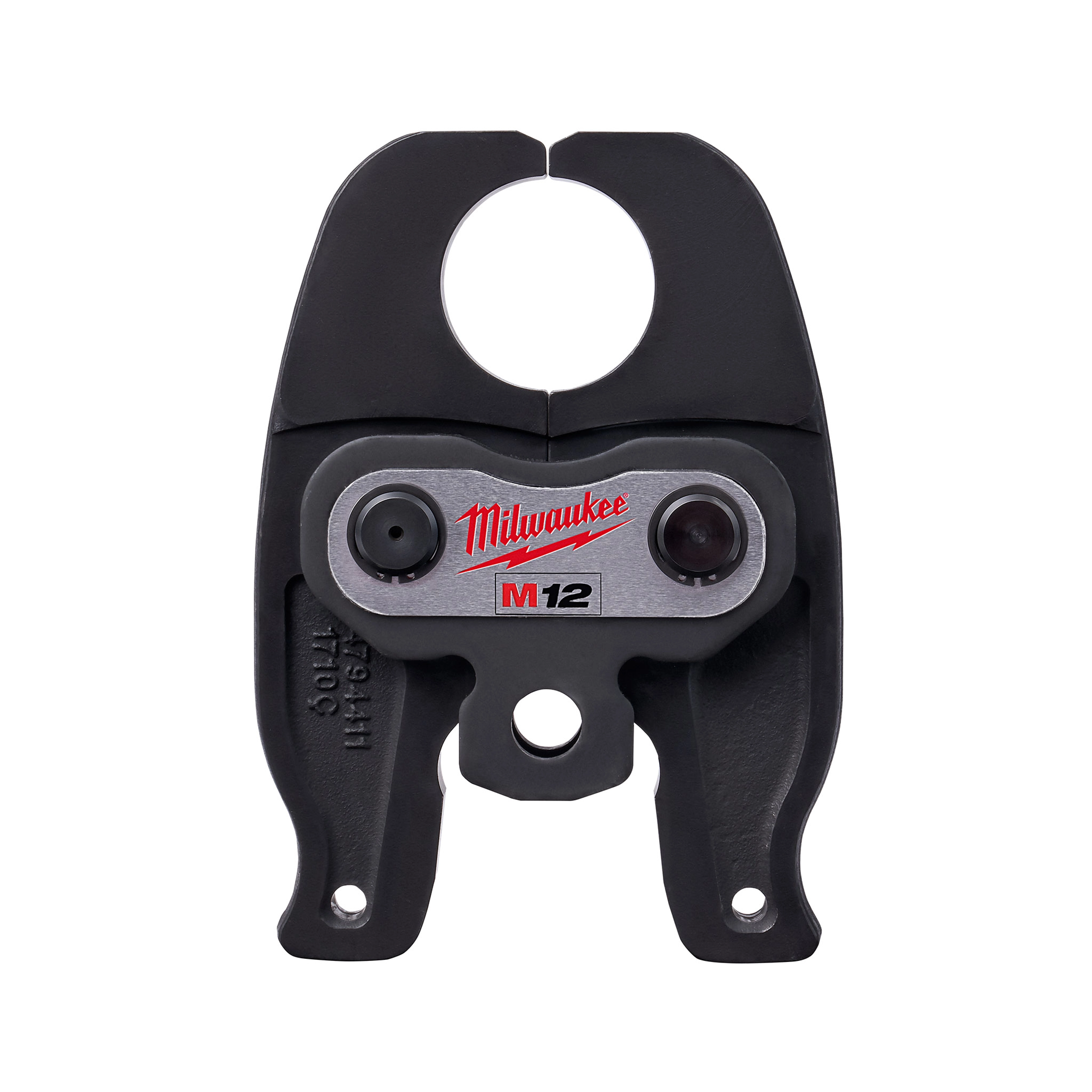 1-1/4" Crimp (F1807) Jaw for M12 FORCE LOGIC Press Tool. Black metal jaw with red Milwaukee branding, two bolts in center.