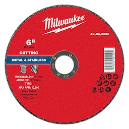 6" x .045" x 7/8" Metal Cut Off Wheel-Type 1 for cutting metal and stainless steel, max RPM 10,200, made in Thailand.