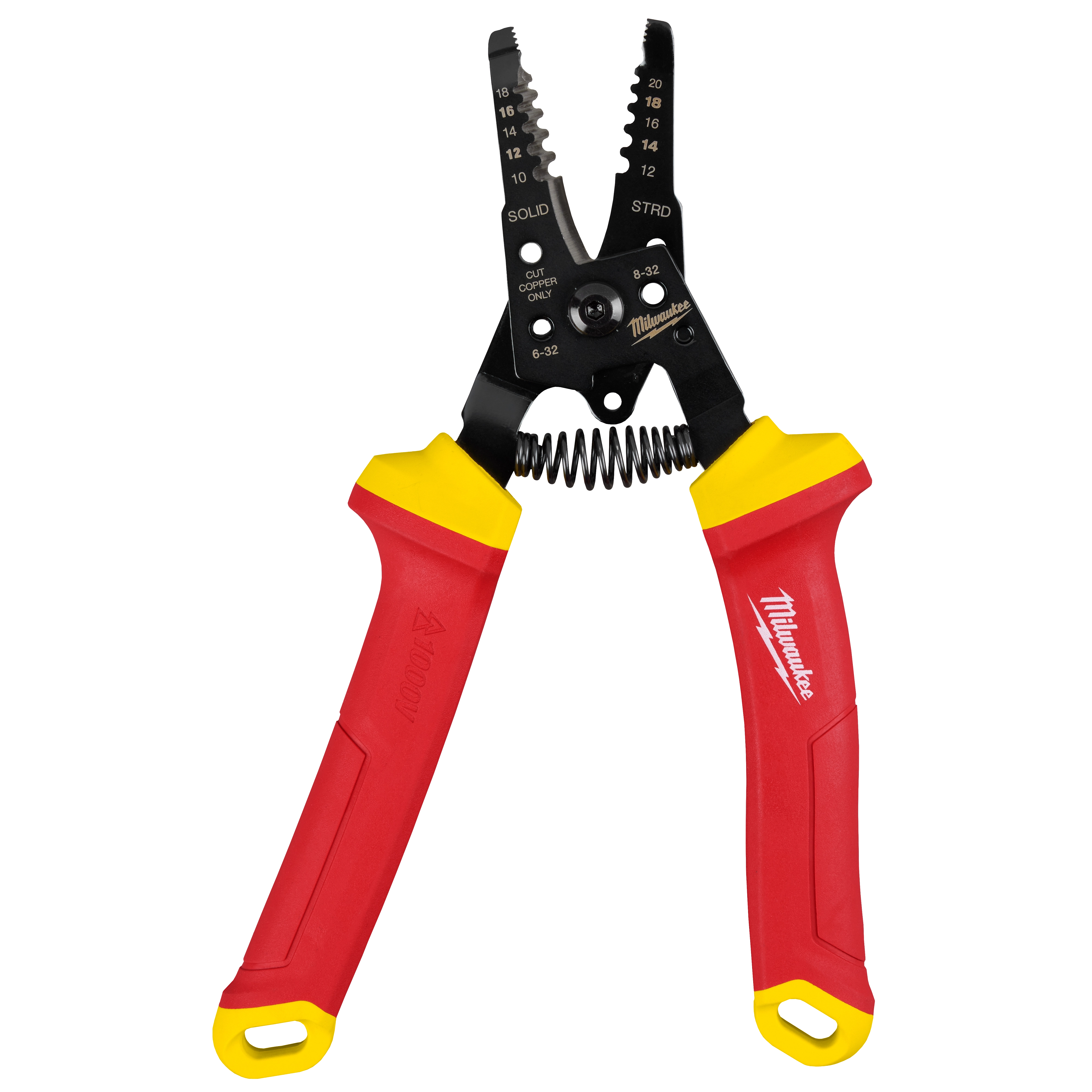1000V Insulated 10-20 AWG Wire Stripper & Cutter with red and yellow handles, black cutting blades, and spring mechanism.