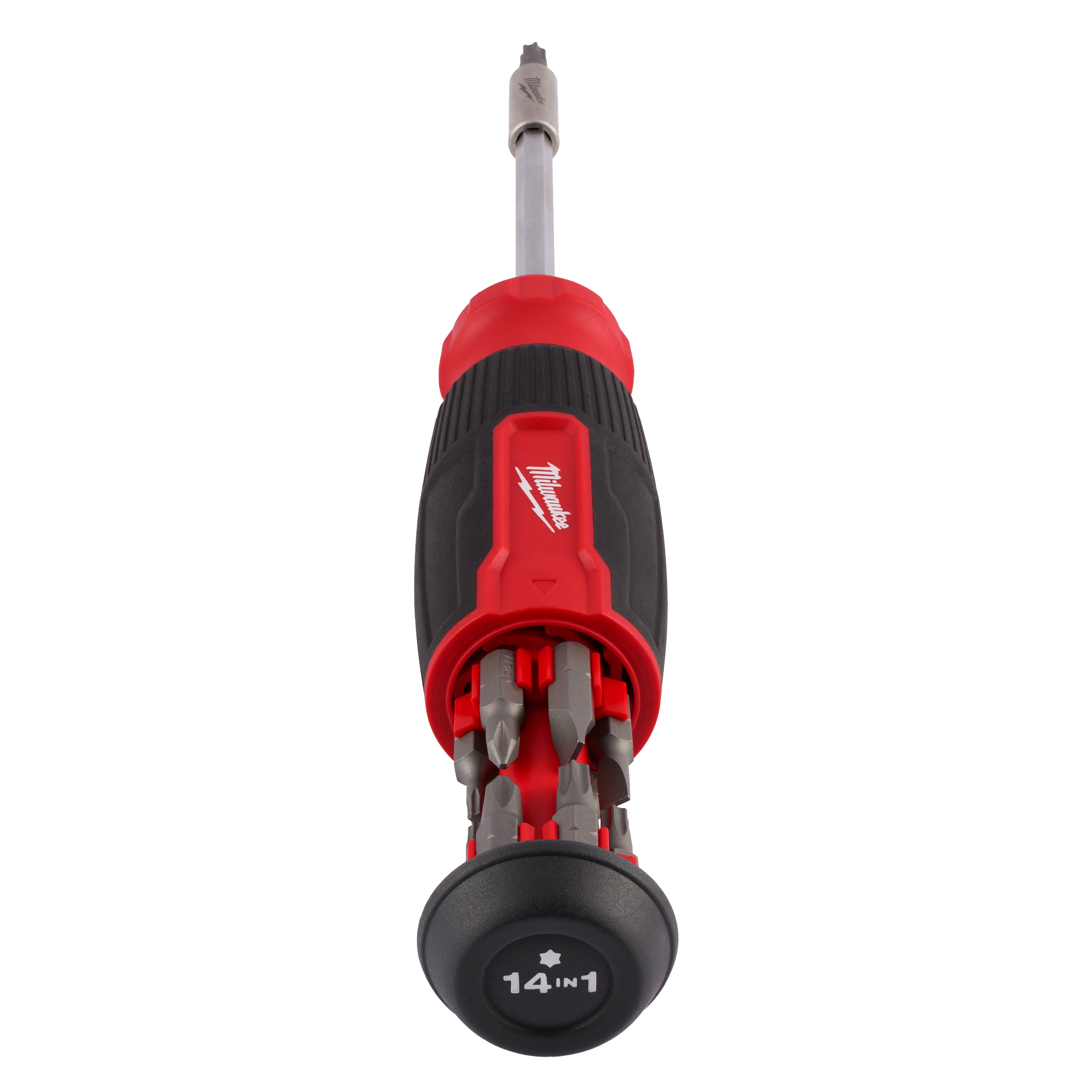 14-in-1 TORX Multi-Bit Screwdriver with red and black handle and multiple interchangeable bits stored in a compartment inside the handle.