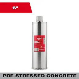 6" Pre-Stressed Diamond Wet Core Bit for drilling pre-stressed concrete. The bit is silver with a red label and hexagonal shank.