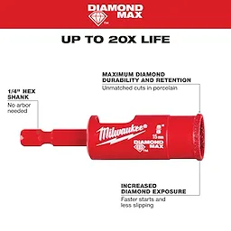 Image of a red 5/8" Diamond Max™ Hole Saw by Milwaukee. It features a 1/4" hex shank, increased diamond exposure, maximum diamond durability, and claims to offer up to 20 times longer life. Text highlights its unmatched cuts in porcelain and no arbor needed.
