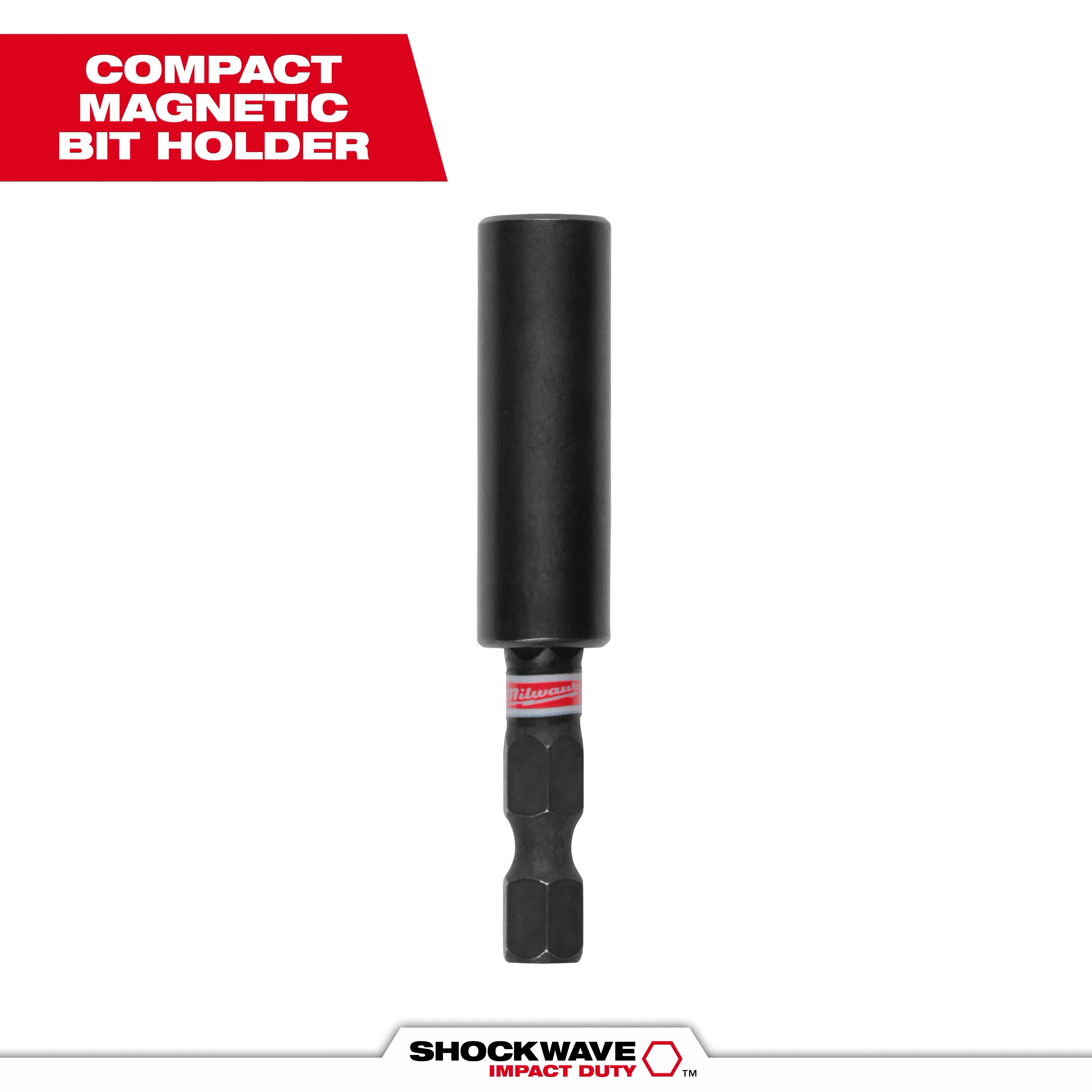 The image shows a SHOCKWAVE™ Compact Impact Duty Magnetic Bit Holder. It is a black cylindrical tool designed to hold screwdriver bits magnetically. The product branding is visible on the tool and in the banner at the top, which reads "Compact Magnetic Bit Holder."