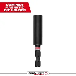 The image shows a SHOCKWAVE™ Compact Impact Duty Magnetic Bit Holder. It is a black cylindrical tool designed to hold screwdriver bits magnetically. The product branding is visible on the tool and in the banner at the top, which reads "Compact Magnetic Bit Holder."