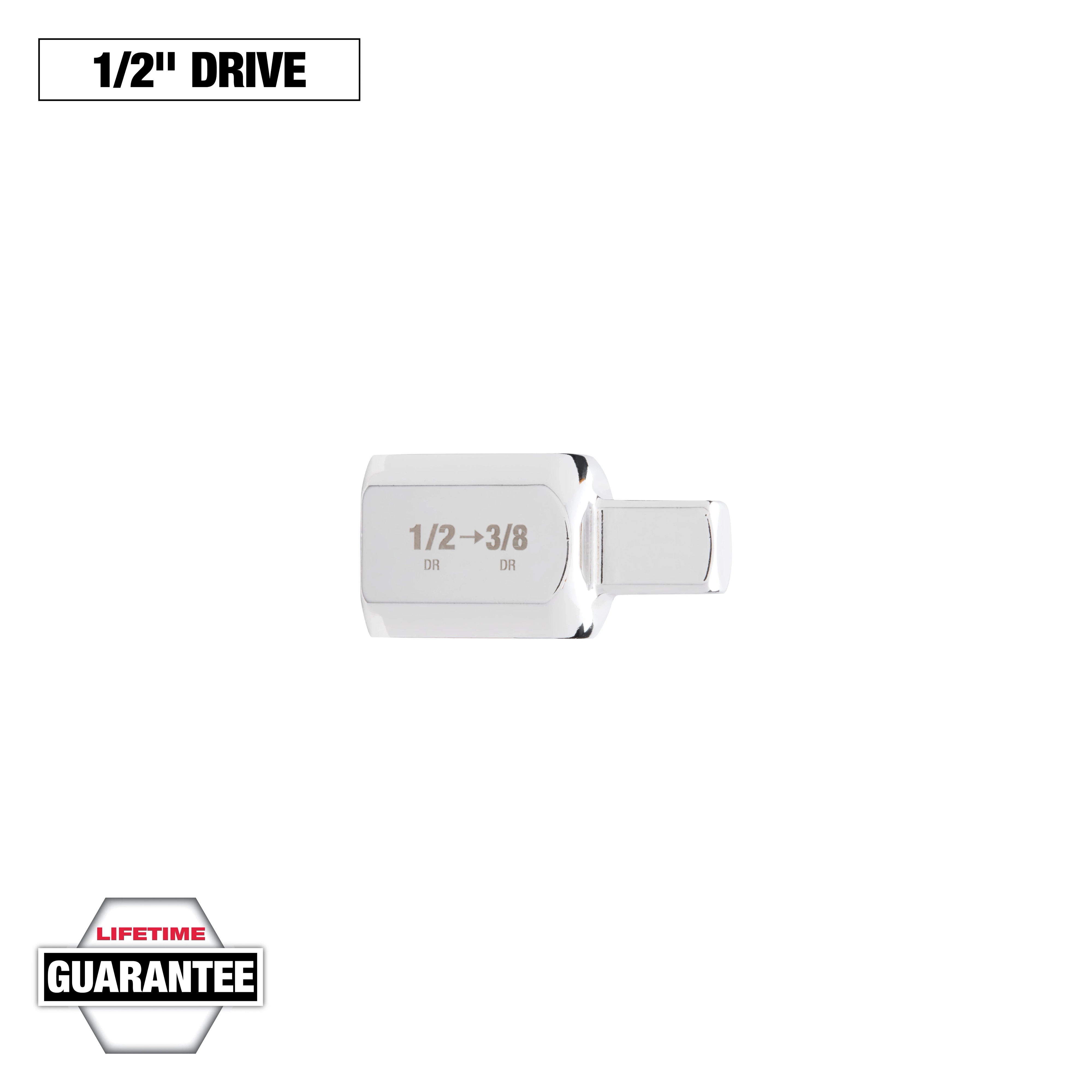 This image shows a 1/2" to 3/8" drive adapter with a chrome finish. It bears the text "1/2 -> 3/8 DR" written on it. The image also mentions a lifetime guarantee at the bottom left corner.