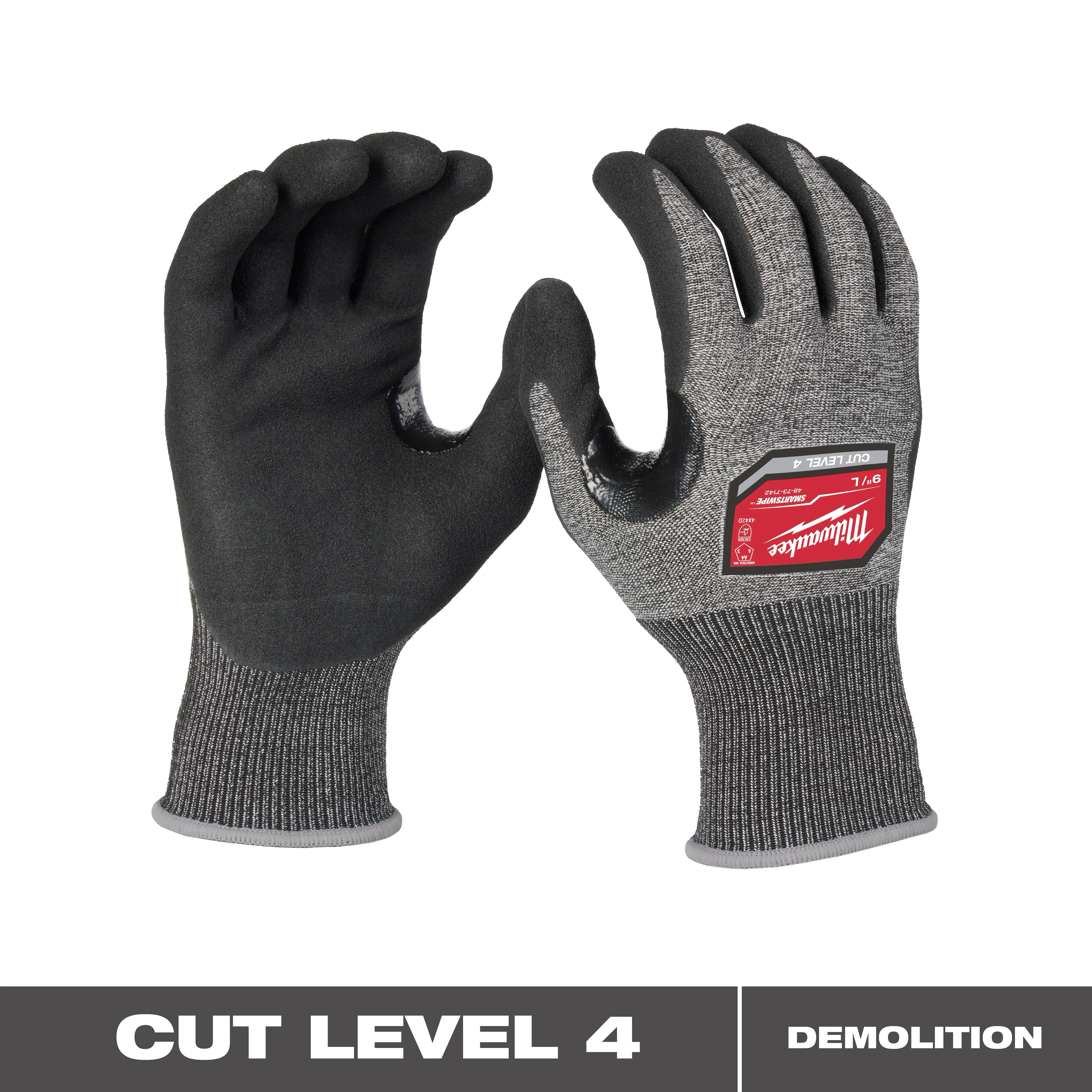 Cut Level 4 High-Dexterity Nitrile Dipped Gloves with black palms and gray fabric backing. ANSI Cut Level A4 shield logo on upper left.