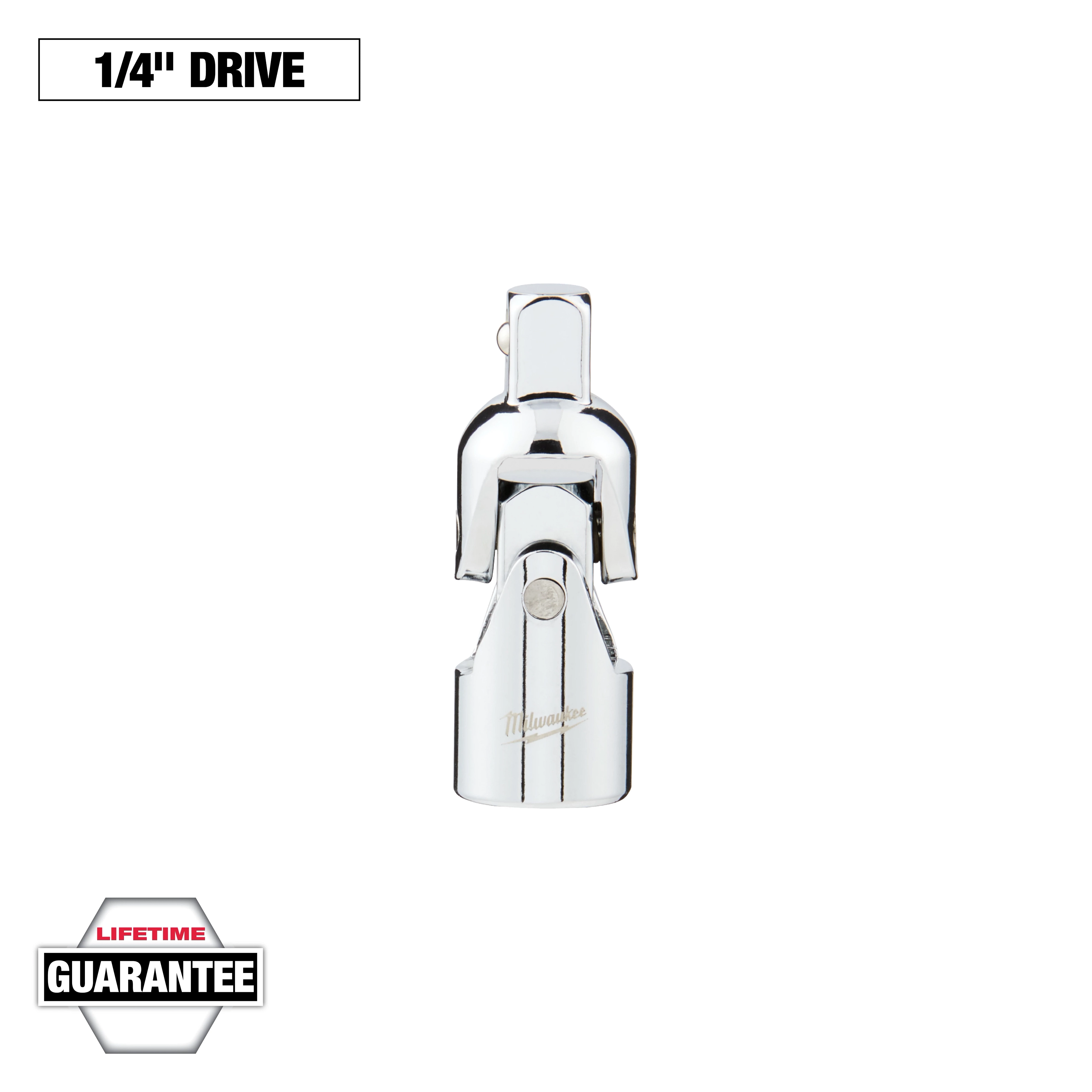 This image shows a chrome-plated Milwaukee 1/4" drive tool with a swivel head. The tool is centered against a white background with a "LIFETIME GUARANTEE" badge at the bottom left corner.