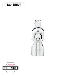 This image shows a chrome-plated Milwaukee 1/4" drive tool with a swivel head. The tool is centered against a white background with a "LIFETIME GUARANTEE" badge at the bottom left corner.