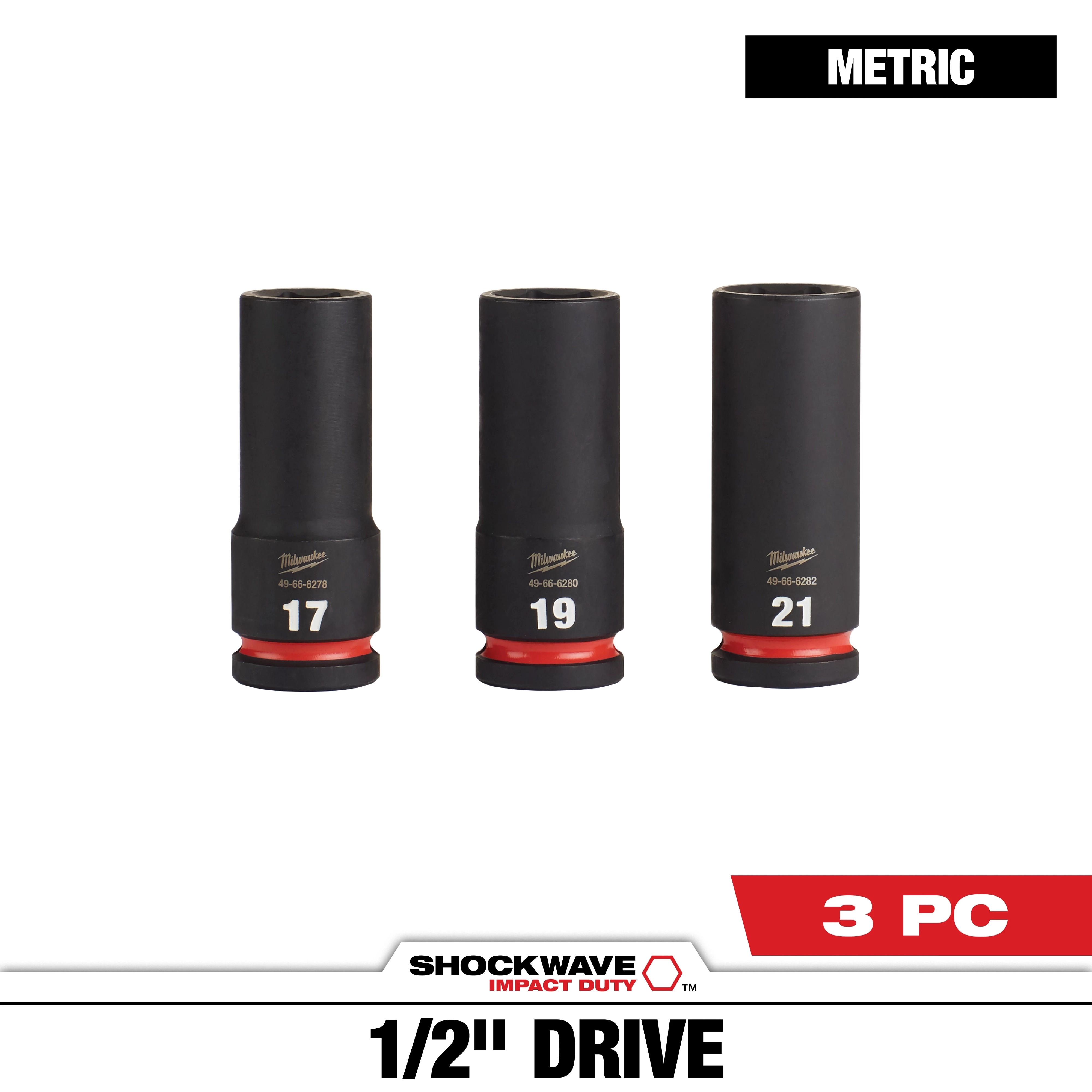 SHOCKWAVE Impact Duty 1/2 in. Drive Metric Deep Well Impact Socket Set (3-Piece) includes three sockets in sizes 17, 19, and 21 mm. The set features durable construction with black finish and red accents. Ideal for heavy-duty applications, it is displayed against a plain white background.