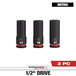 SHOCKWAVE Impact Duty 1/2 in. Drive Metric Deep Well Impact Socket Set (3-Piece) includes three sockets in sizes 17, 19, and 21 mm. The set features durable construction with black finish and red accents. Ideal for heavy-duty applications, it is displayed against a plain white background.