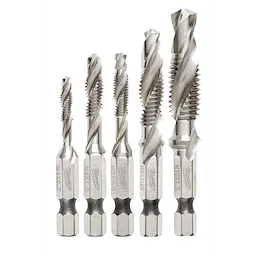 SHOCKWAVE 5PC METRIC IMPACT DRILL TAP SET includes five silver drill taps varying in size. Each tap features spiral flutes and hex shanks, designed for drilling, tapping, and deburring holes in a single operation. Suitable for use with impact drivers, ensuring precise, efficient metalworking tasks.